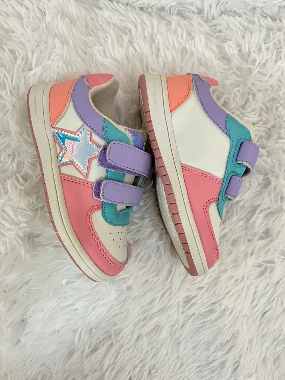 Children's Place white sneakers, pink and purple details, holographic star